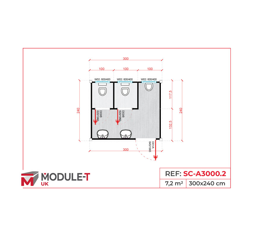 Module T DE | SC-A3000.2 – Construction Site WC with 2 Toilets, 1 Urinal and 2 Washbasins
