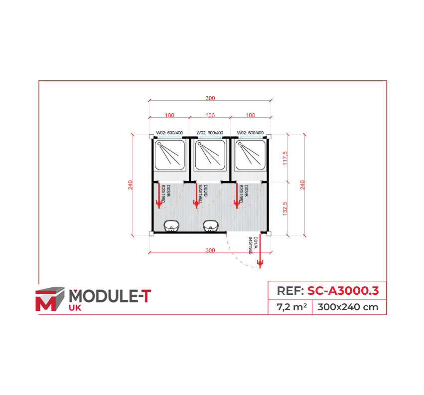 Module T DE | SC-A3000.3 – Construction Site Triple Shower Cabins (7.2 m²)