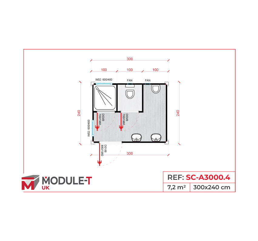 Module T DE | SC-A3000.4 – Combined Sanitary Cabin with Shower, 2 WC and Washbasins
