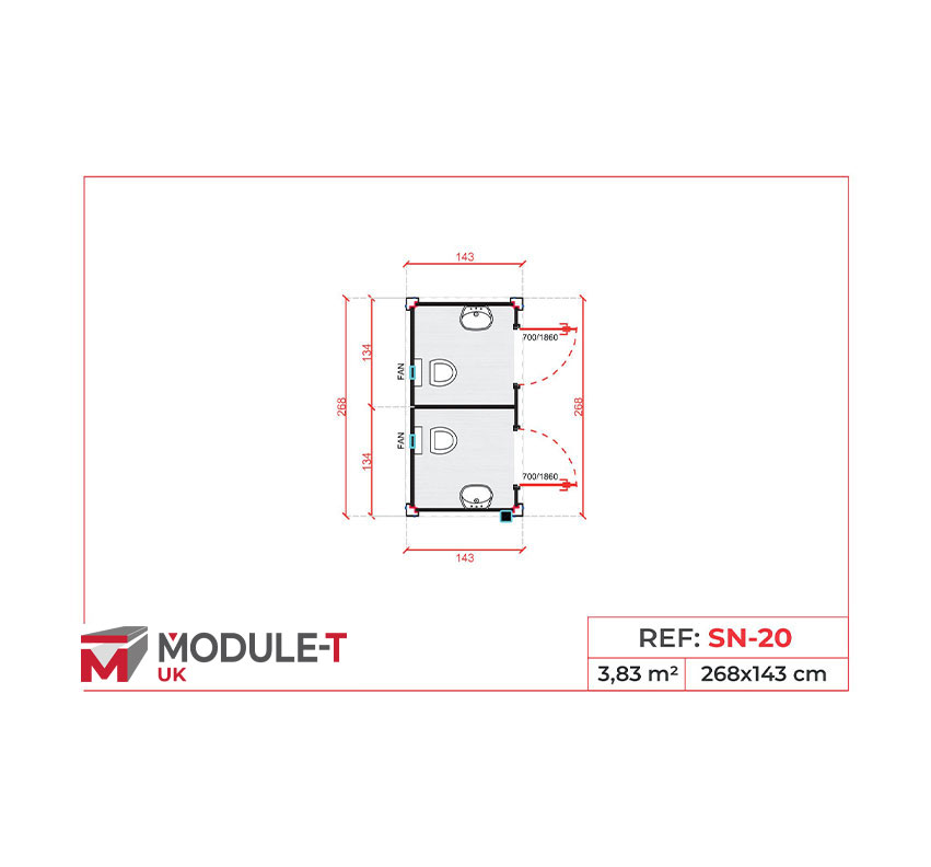 Module T DE | SN-20 – Construction Site Sanitary Cabin with 2 Toilets and Washbasins
