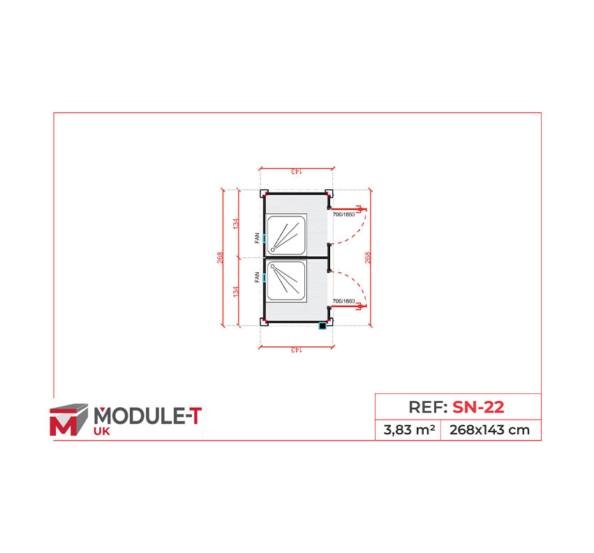 Module T DE | SN-22 – Construction Site Double Shower Cabin (1.43 × 2.68 m)