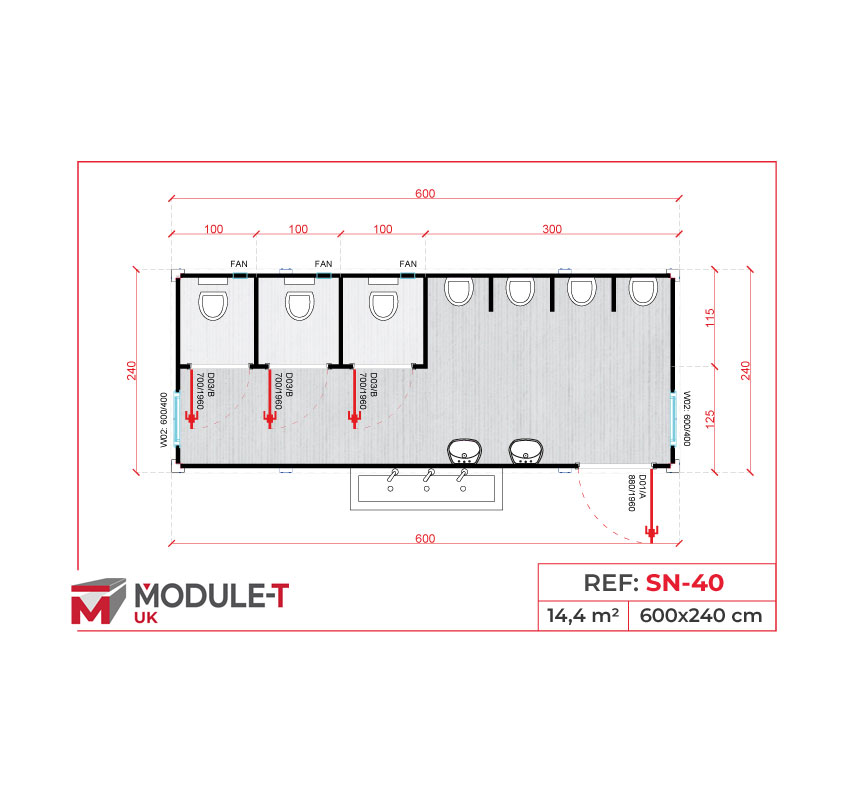 Module T DE | SN-40 – Modular Sanitary Block with 4 WC Cabins and Shared Washbasins