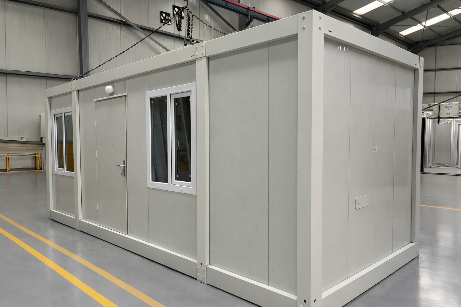 Module T DE | OC-21 – Bürocontainer mit gemeinschaftlichem Arbeitsplatz und Sanitäranlagen (14,4 m²)