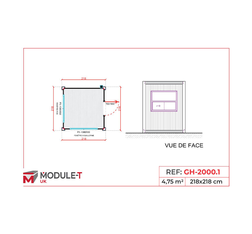 Module T DE | Security Guardhouse Container with Desk Facing Surveillance Window 4 m²