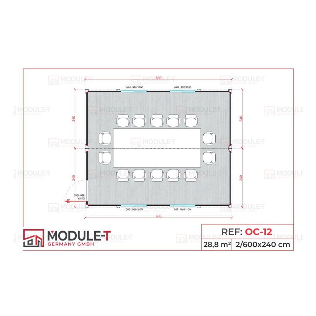 Module T DE | OC-12 – Baustellen-Bürocontainer mit großem Besprechungstisch (29 m²)