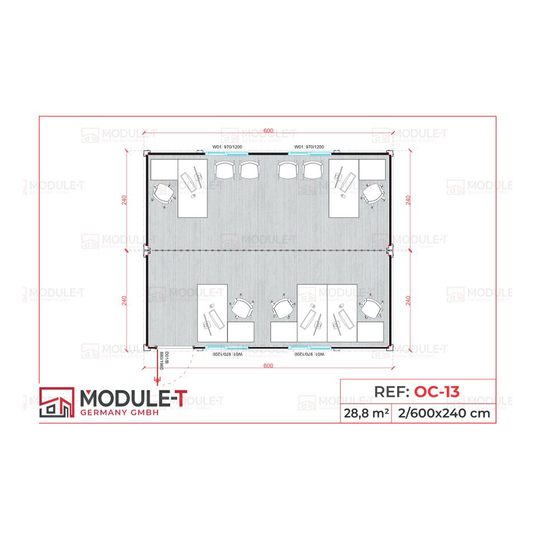 Module T DE | Modell OC-13 – Bürocontainer (29 m²)