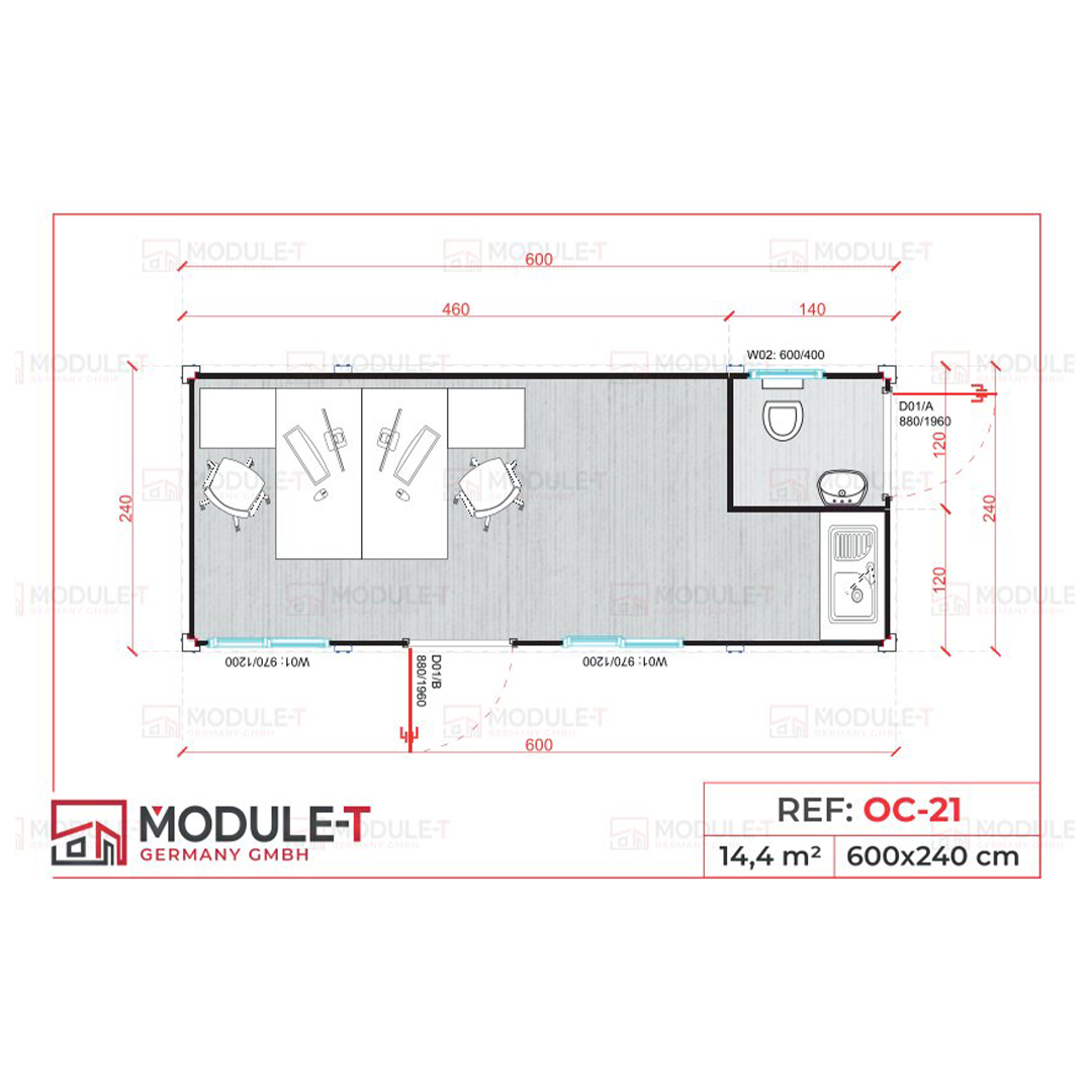 Module T DE | OC-21 – Bürocontainer mit gemeinschaftlichem Arbeitsplatz und Sanitäranlagen (14,4 m²)