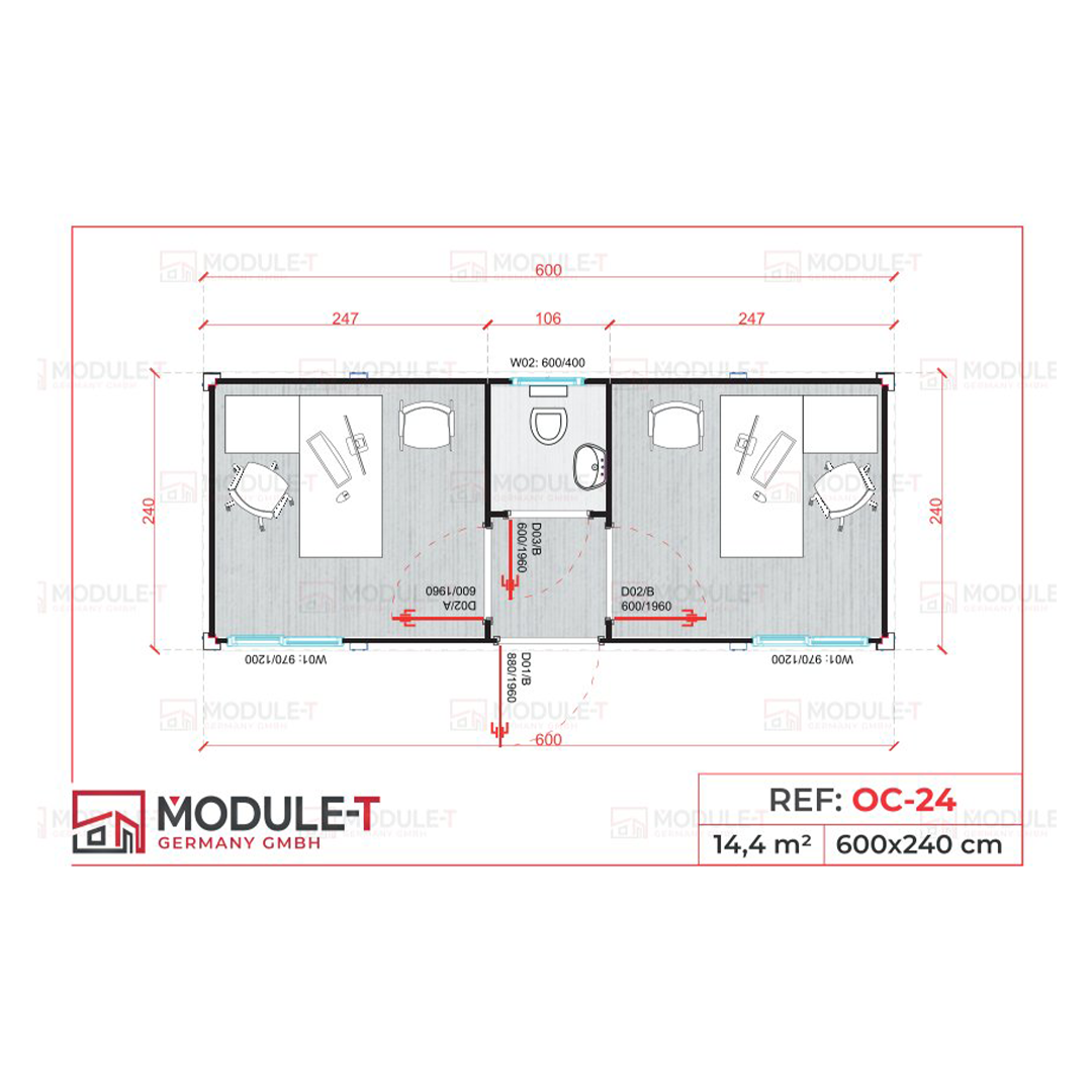 Module T DE | Bürocontainer mit WC – Modell OC-24 (600 × 240 cm)