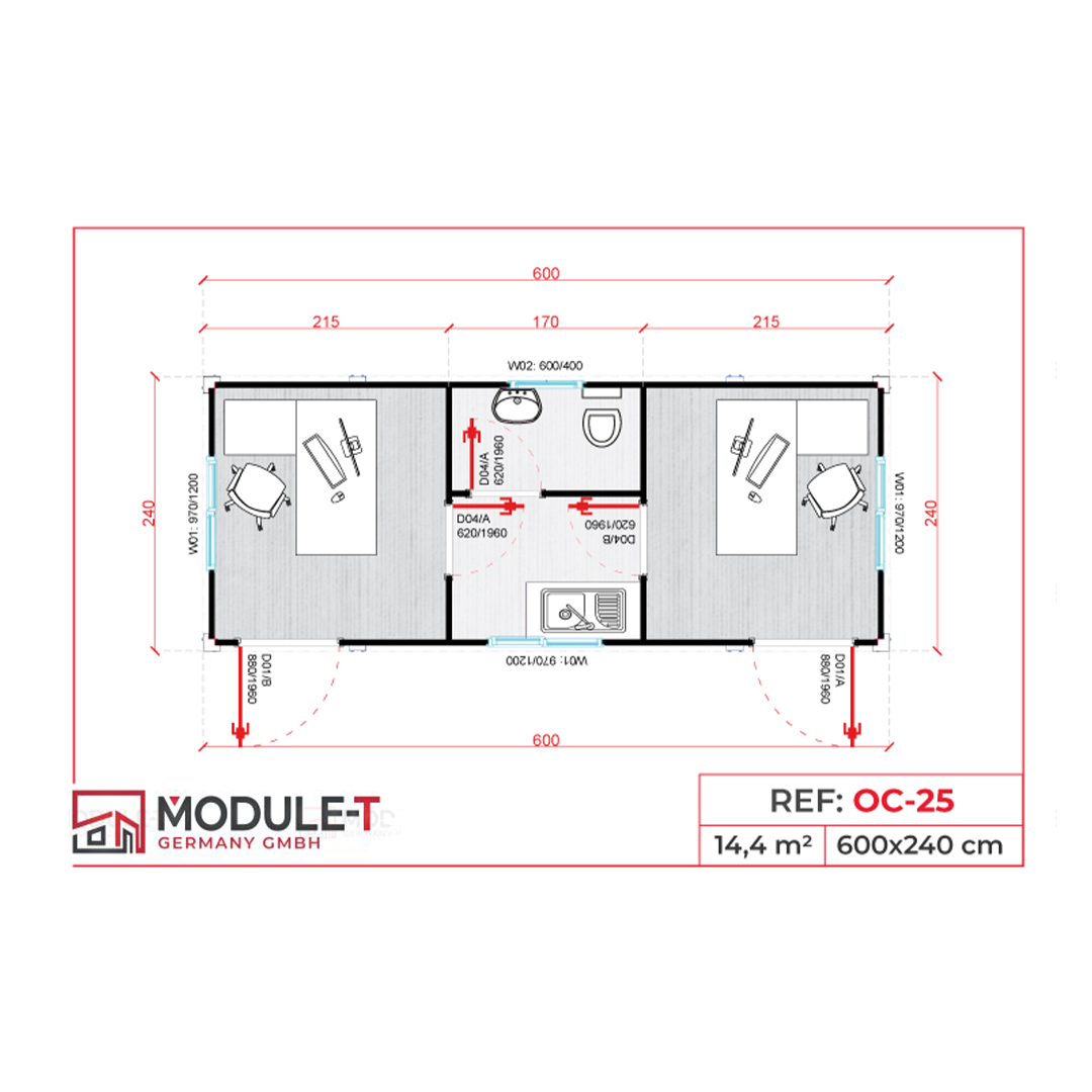 Module T DE | Bürocontainer mit WC und Küche – Modell OC-25 (600 × 240 cm / 20 Fuß)