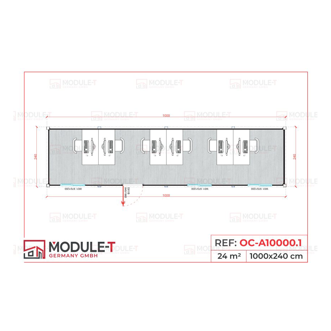 Module T DE | Bürocontainer – Modell OC-A10000.1 (1000 × 240 cm / 40 Fuß)