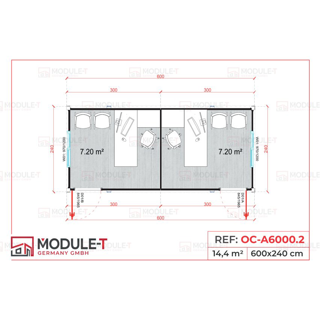 Module T DE | Bürocontainer– Modell OC-A6000.2 (600 × 240 cm / 20 Fuß)