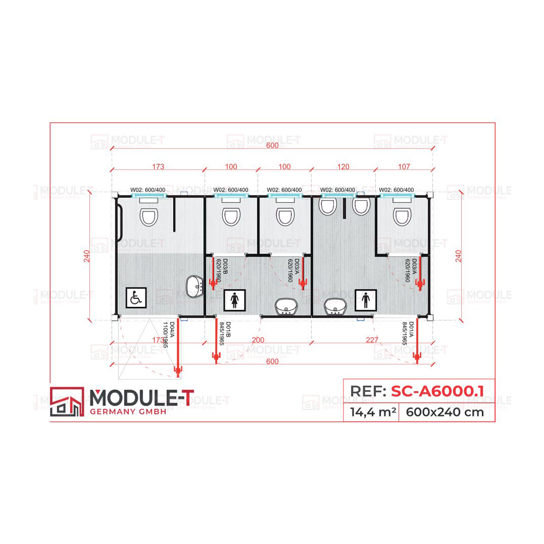 Module T DE | Sanitärcontainer mit barrierefreiem WC – Modell SC-A6000.1 (600 × 240 cm / 20 Fuß)