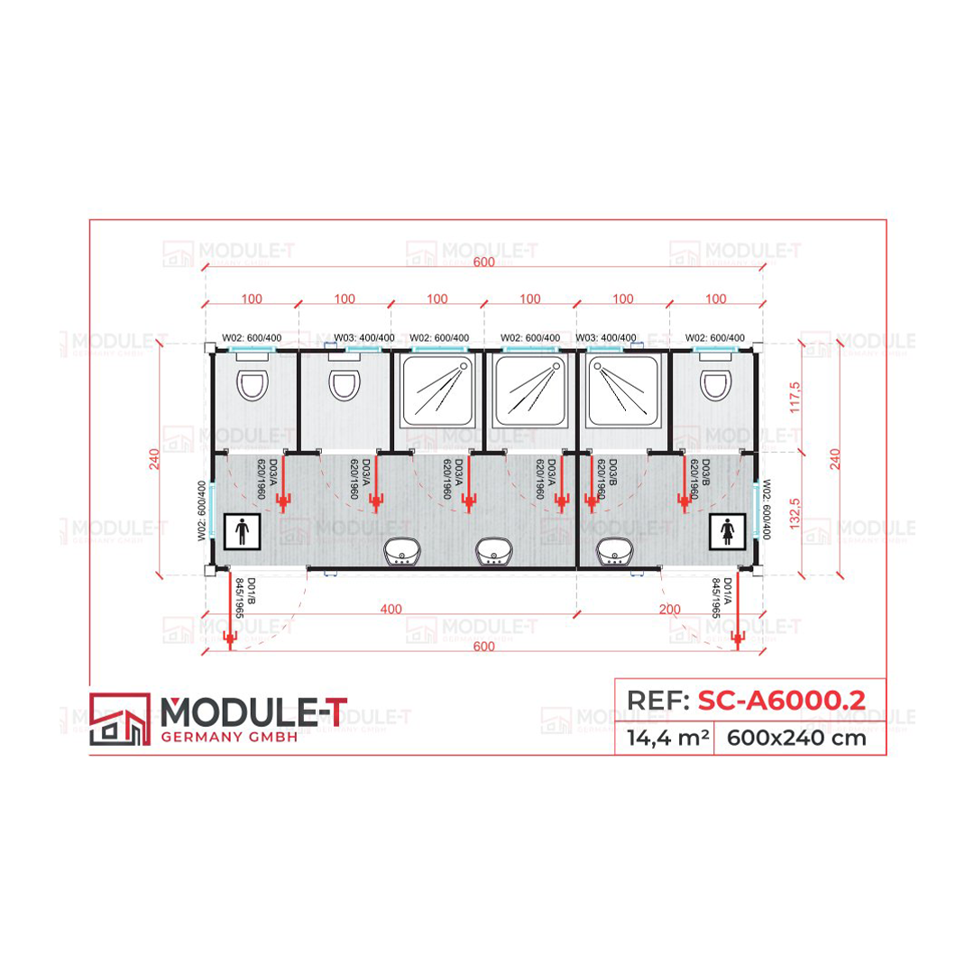Module T DE | Sanitärcontainer Modell SC-A6000.2 (600 × 240 cm / 20 Fuß)