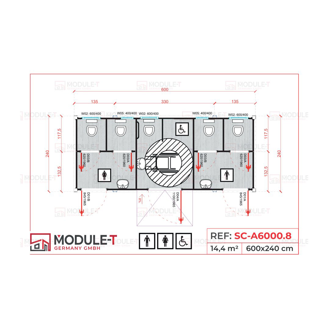 Module T DE | Barrierefreier Sanitärcontainer 20 Fuß (6,00 × 2,40 m) – 5 Kabinen, neu & sofort lieferbar
